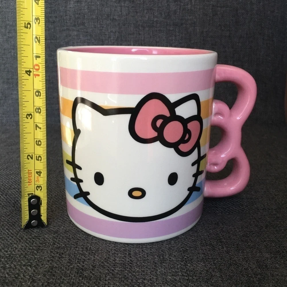Hello Kitty Pastel Stripe, Bow Handle Coffee Mug, White, Pink, 20 oz